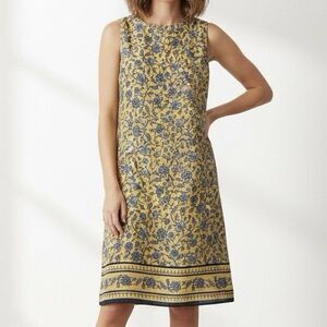 J. Jill Love Linen Dress Size‎ S Yellow Navy Blue Floral Sleeveless Print Casual